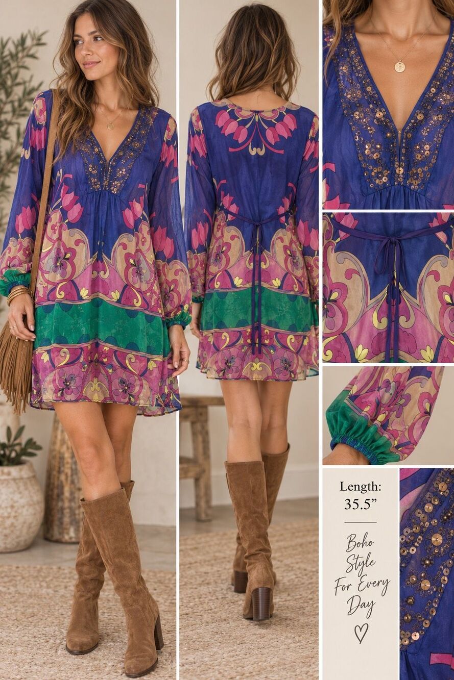 Hale Bob Boho Tunic Dress L Floral Paisley Embellished V Neck Mini Psychedelic